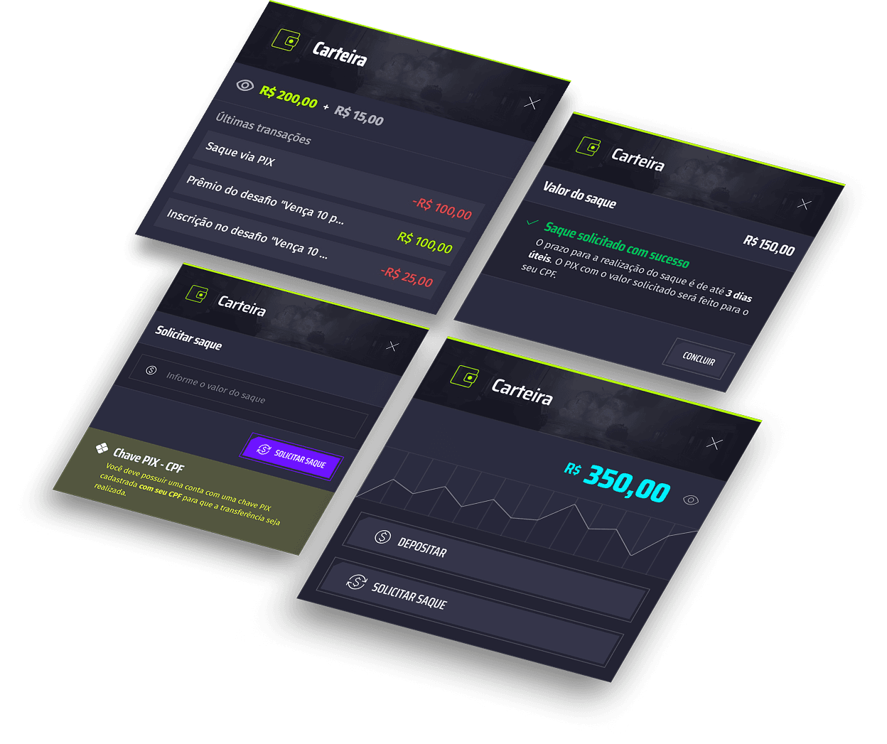 Carteira UChallenger mostrando saldo, deposito e saque via PIX